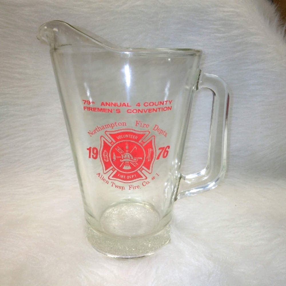 Vintage, heavy, commemorative Firemen's Convention pitcher 1976